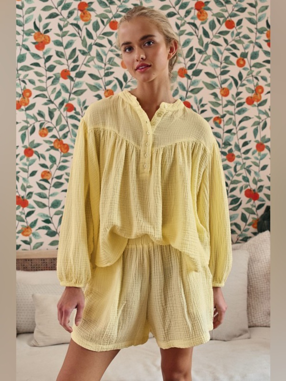Yellow Two-Piece Cotton Gauze Lounge Set - Henley Style Top + Shorts - Picture 5 of 6
